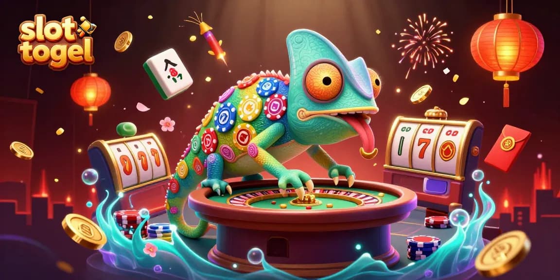 Experience slot togel excitement with a dynamic chameleon casino character surrounded by vibrant elements.
