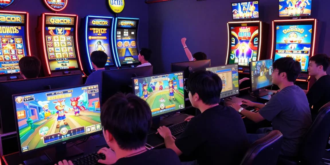 Excited gamers playing slot gacor online with colorful displays and jackpot notifications in vibrant gaming environment