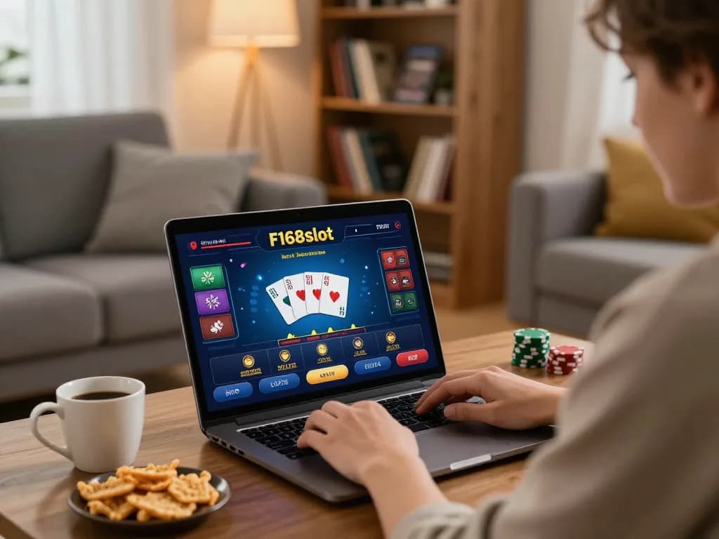 Person using f168slot on laptop at home, showcasing lively poker gameplay
