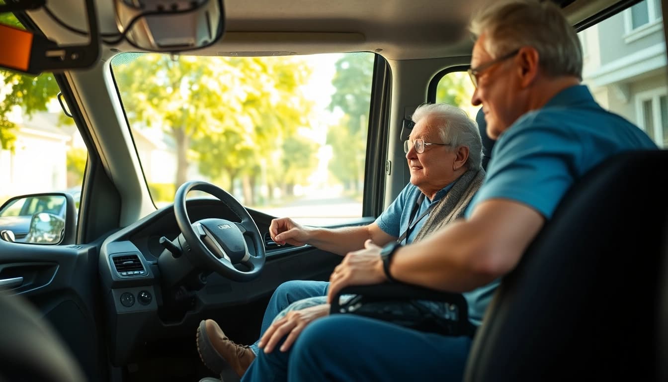 Elderly transportation services featuring a caring driver assisting a senior in a transport vehicle.