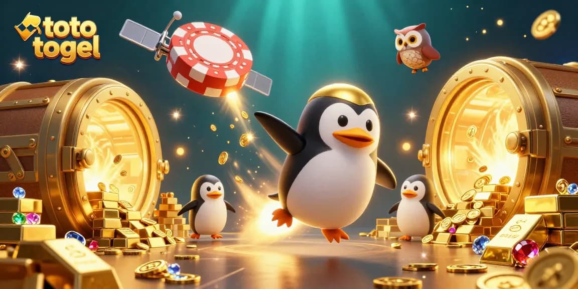 Engage with thrilling toto togel adventures in a 3D casino scene featuring vibrant characters and gold treasures.