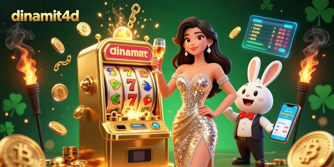 Experience the excitement of dinamit4d with a lady celebrating alongside a jackpot slot machine and crypto-themed elements.