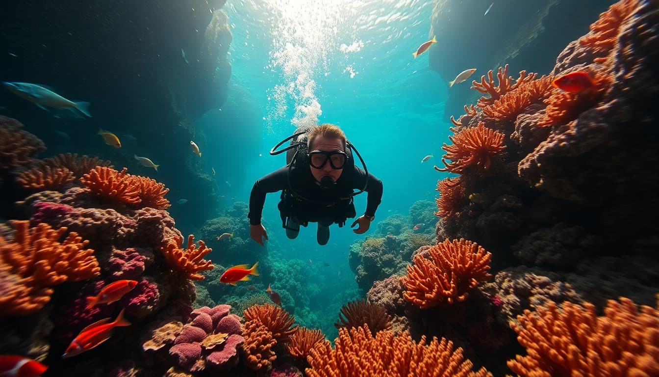Tauchen in einer lebendigen Korallenriffe mit bunten Fischen und natürlichem Licht.