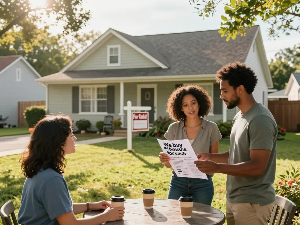 We buy houses for cash flyer being discussed by a couple in front of their home, showcasing a friendly neighborhood vibe.