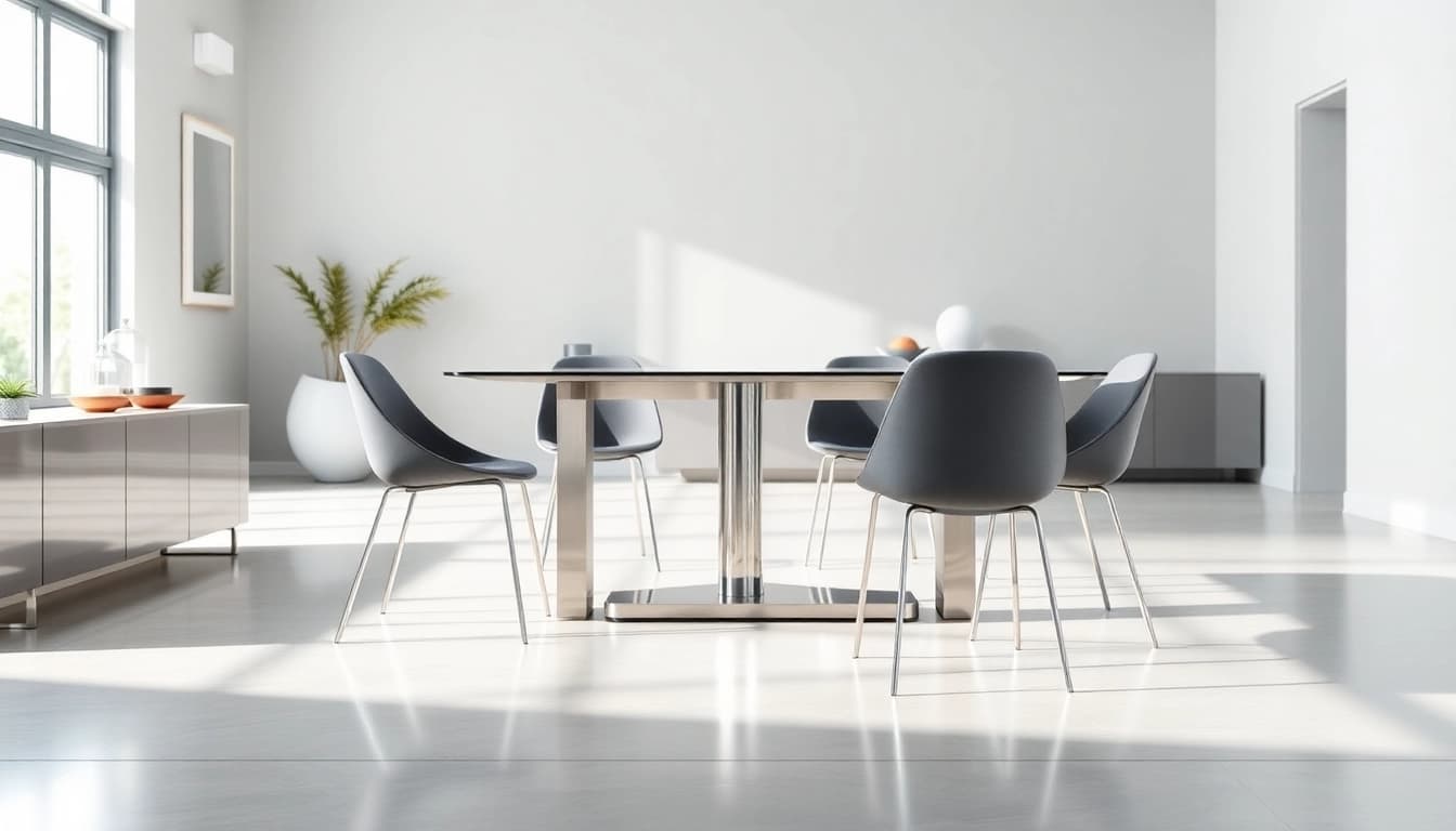 Showcase elegant stainless steel furniture featuring a sleek dining table and modern chairs.