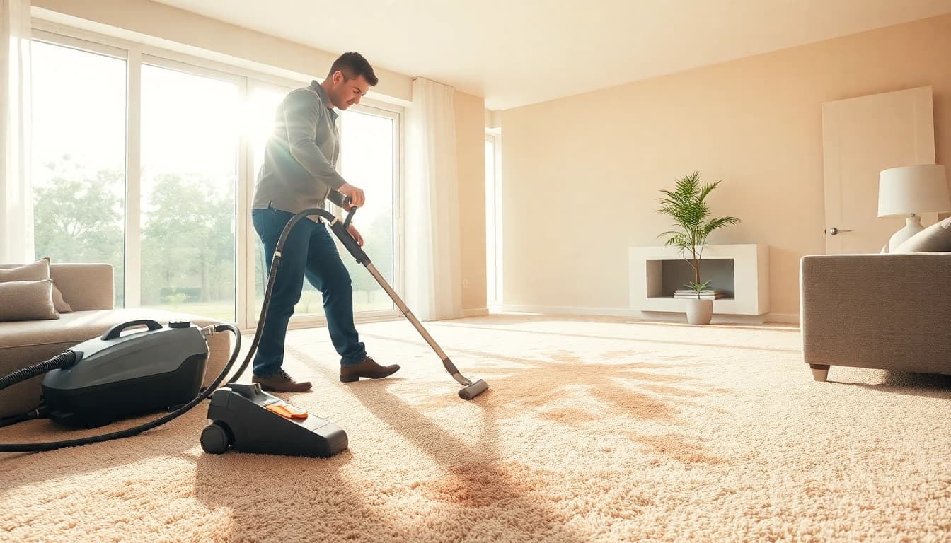 Performing carpet cleaning near me in a bright, modern living room with sunlight.