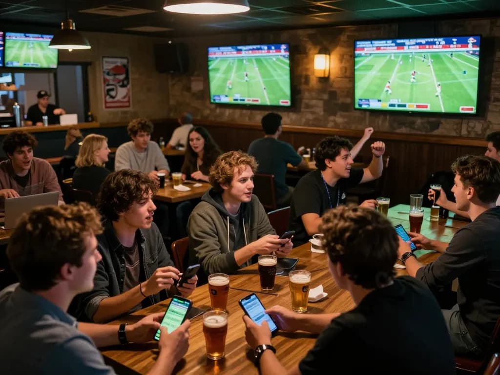 CakhiaTV football fans watching live matches and placing bets in a lively sports bar.