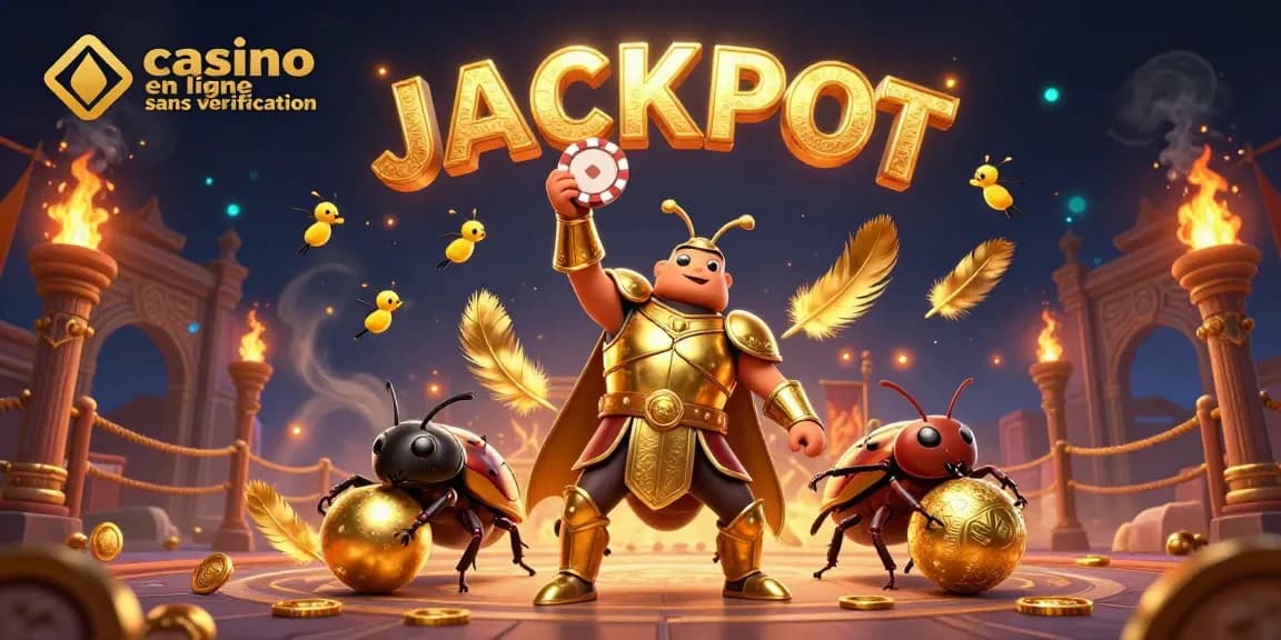 Jouez dans un casino en ligne sans vérification avec cet amusant personnage de scarabée triomphant.