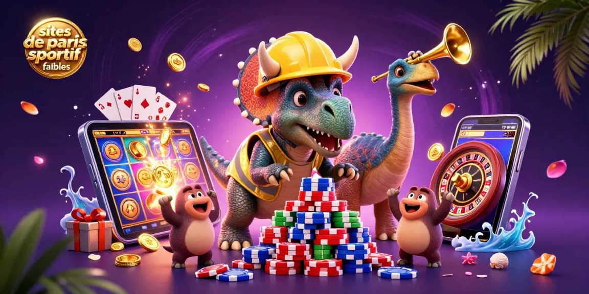 Illustre les sites de paris sportif fiables avec des personnages célébrant autour de jeux d'argent.