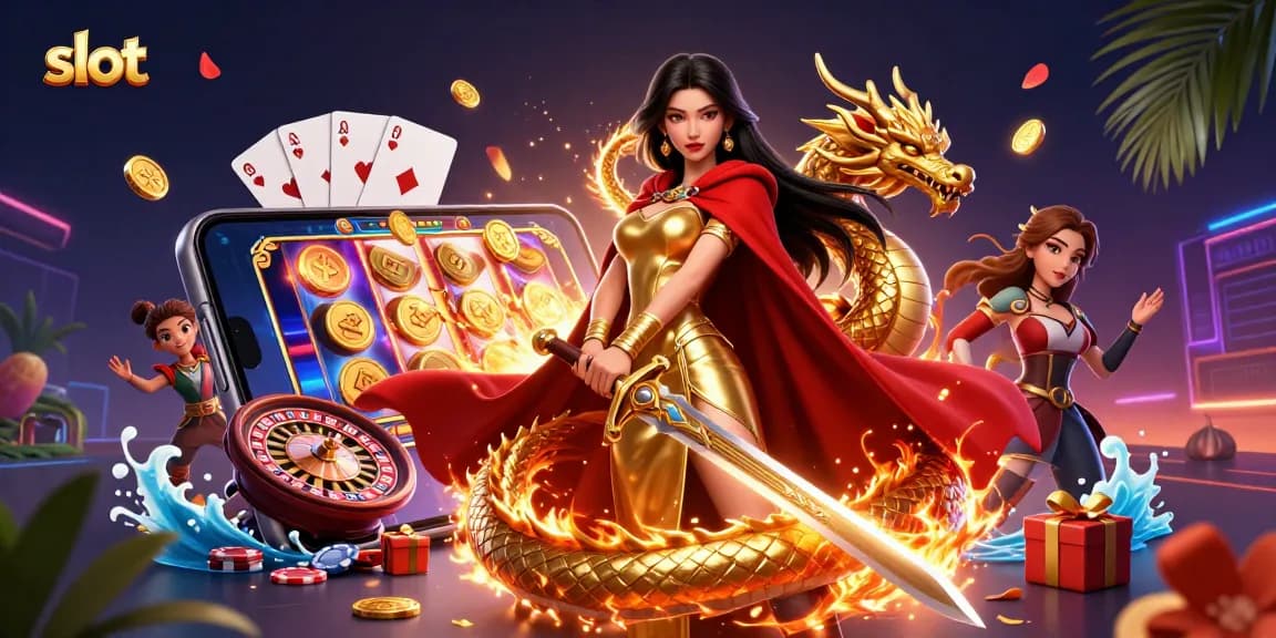 Spin vibrant slot game reels and win big with a photorealistic warrior queen illustration.