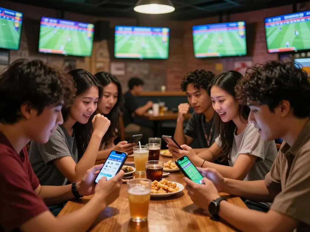 Friends enjoying taruhan bola piala dunia betting in a lively sports bar environment, celebrating their team excitement.