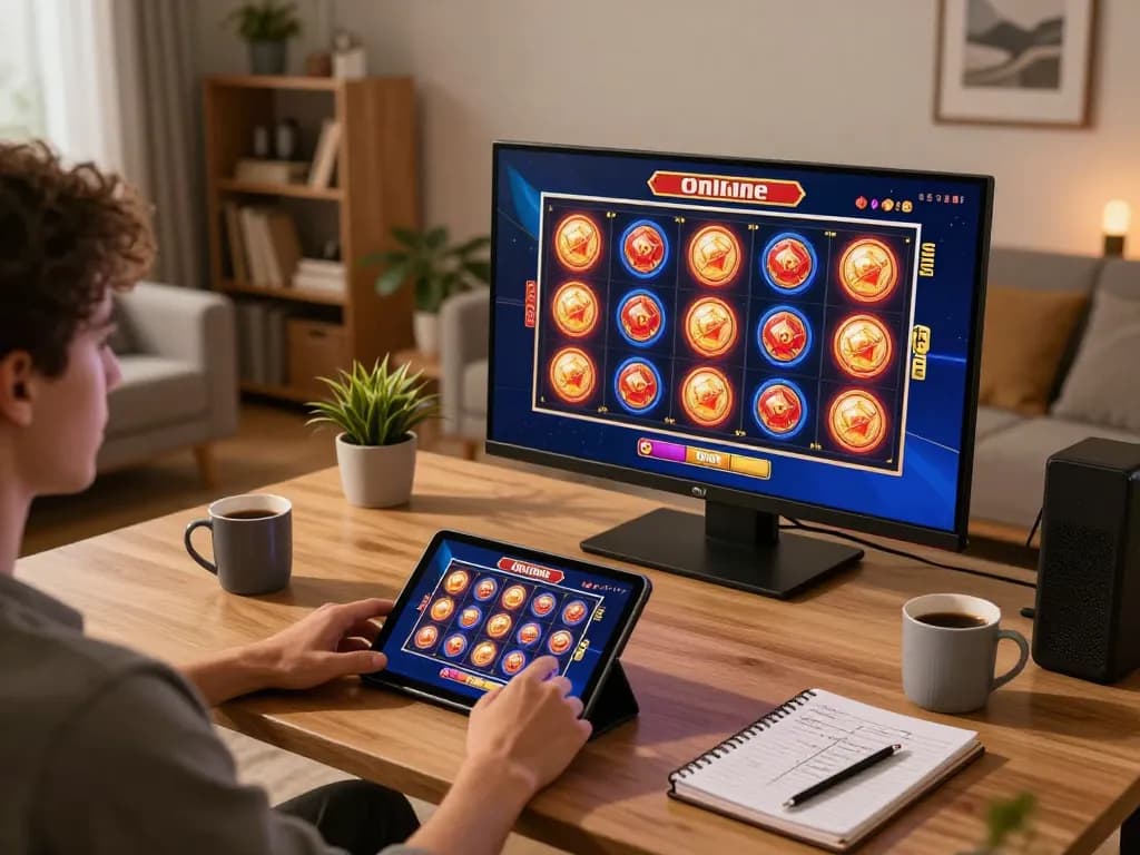 Play exciting slot games online at situs slot gacor with vibrant reels on screen in a cozy home setup.