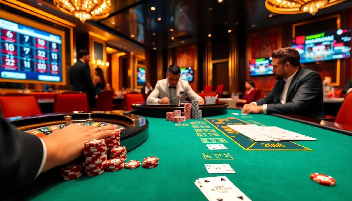 Sbobet players placing bets at a vibrant poker table with dynamic casino elements.