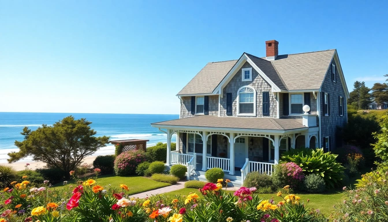 A beautiful cape cod home set against lush greenery and a coastal view, showcasing its charming architecture.