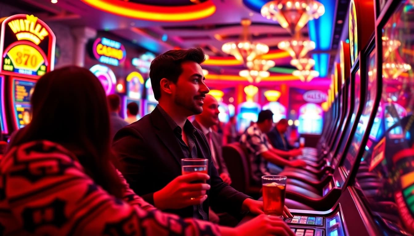 Experience the thrill of winning at the Best payout online casino Uk with excited players and vibrant lighting.