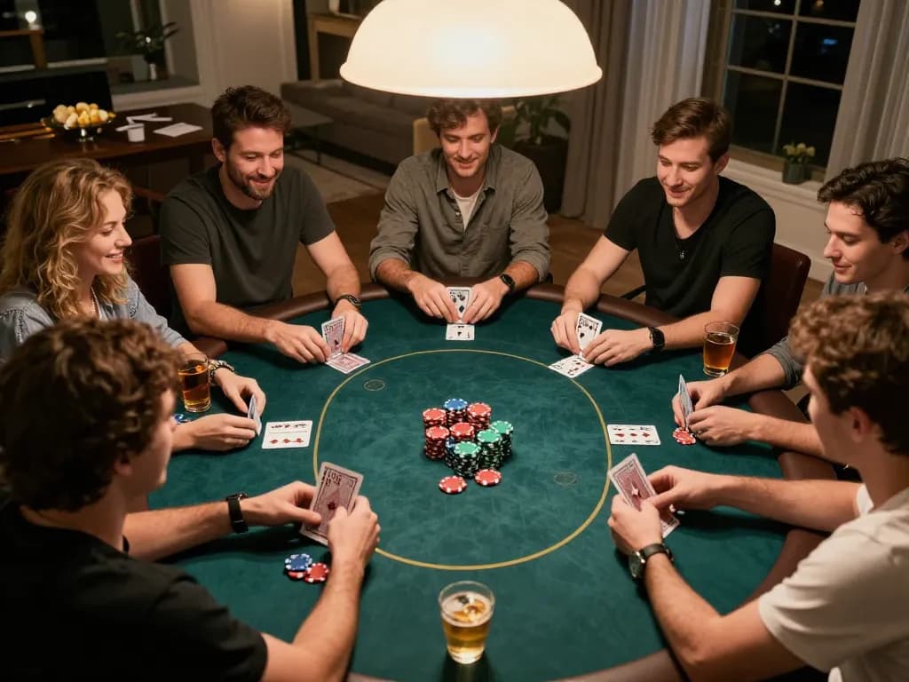 Menikmati permainan poker strategis bersama teman di rumah, menampilkan suasana permainan paris888.