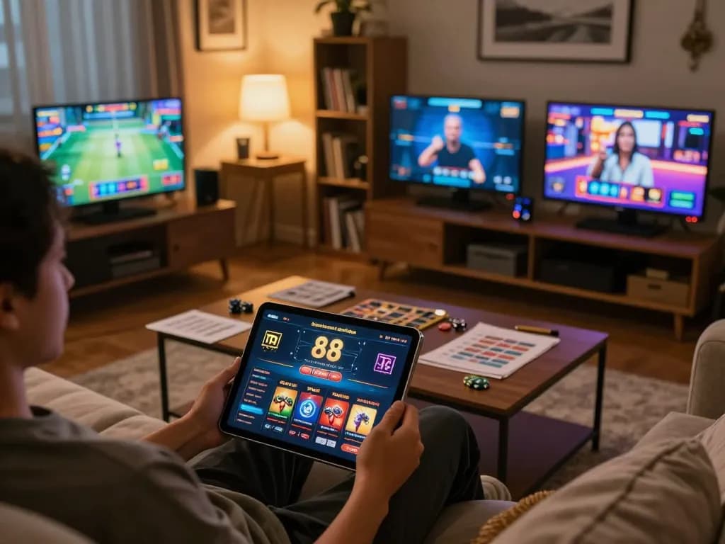 Player enjoying tg 88 casino app on tablet while surrounded by strategy notes and chips in a cozy home setting