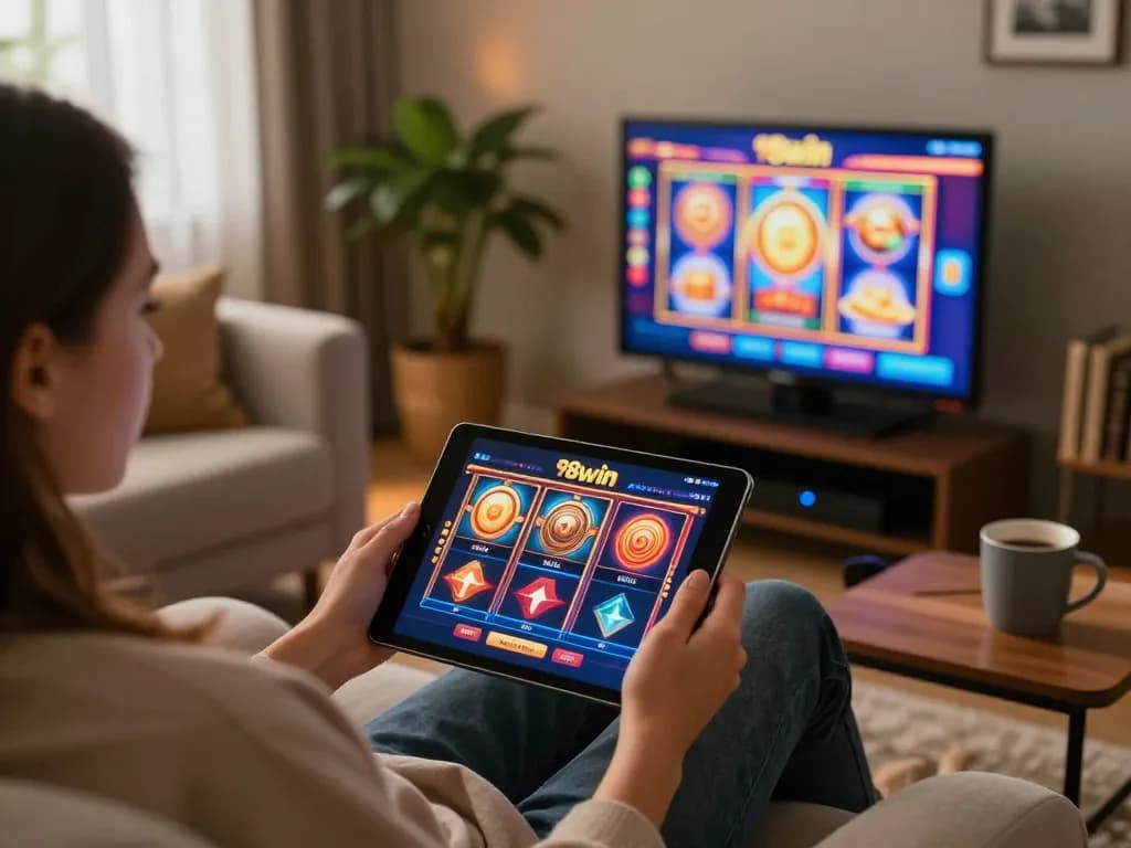 Player engaging with the 98win app on tablet during an exciting online casino session.