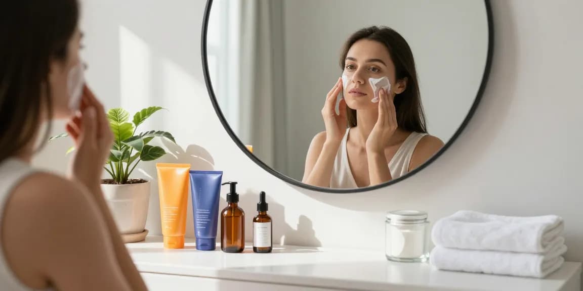 Produse pentru îngrijirea pielii aplicate într-o baie modernă, prezentând produse esențiale pentru o piele radiantă.