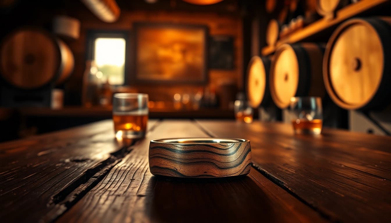 Exquisite whiskey barrel wedding bands showcasing unique wood grain and craftsmanship.