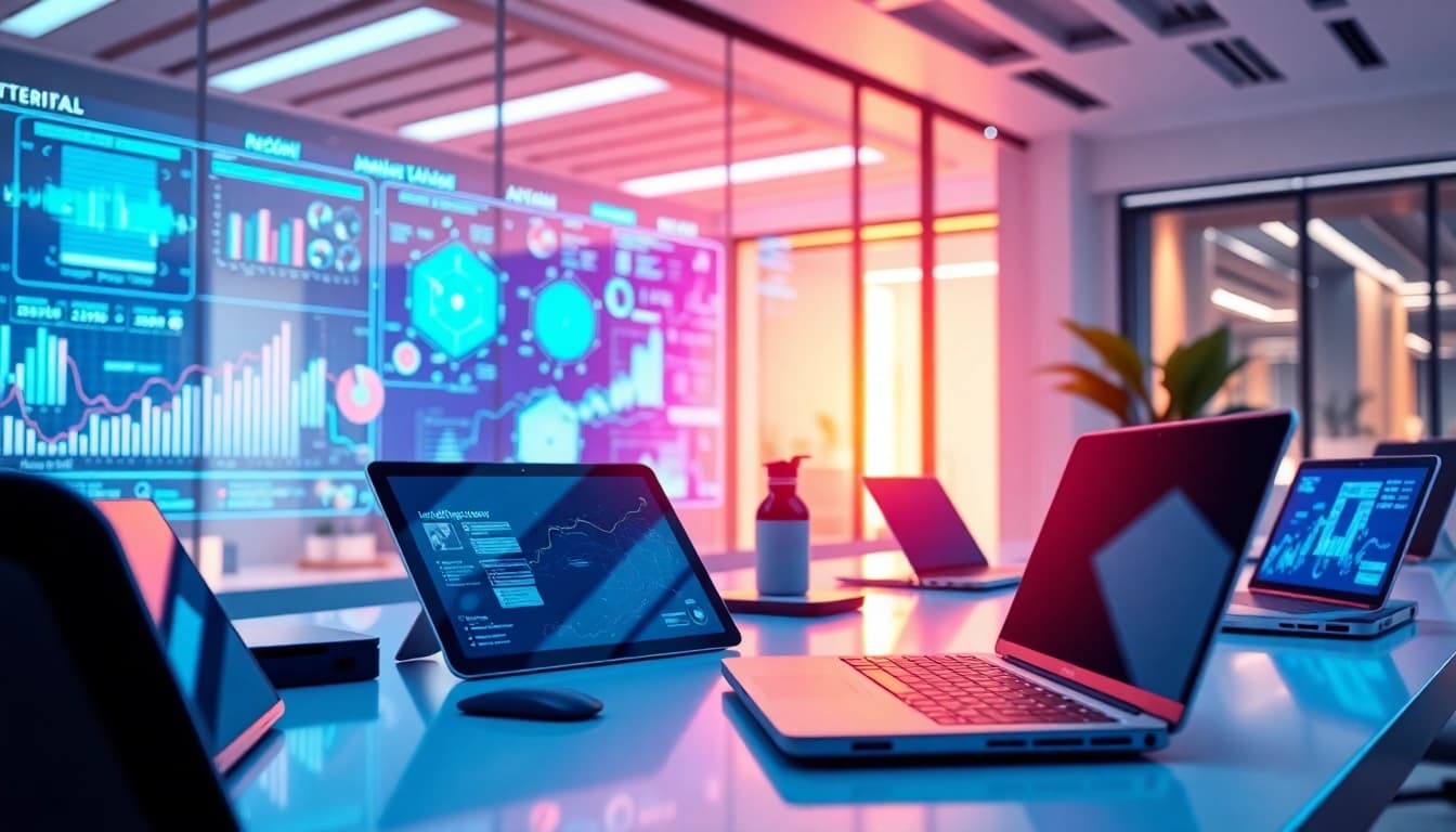 Capture the essence of ultimate technology techniques in a vibrant, modern tech workspace scene.