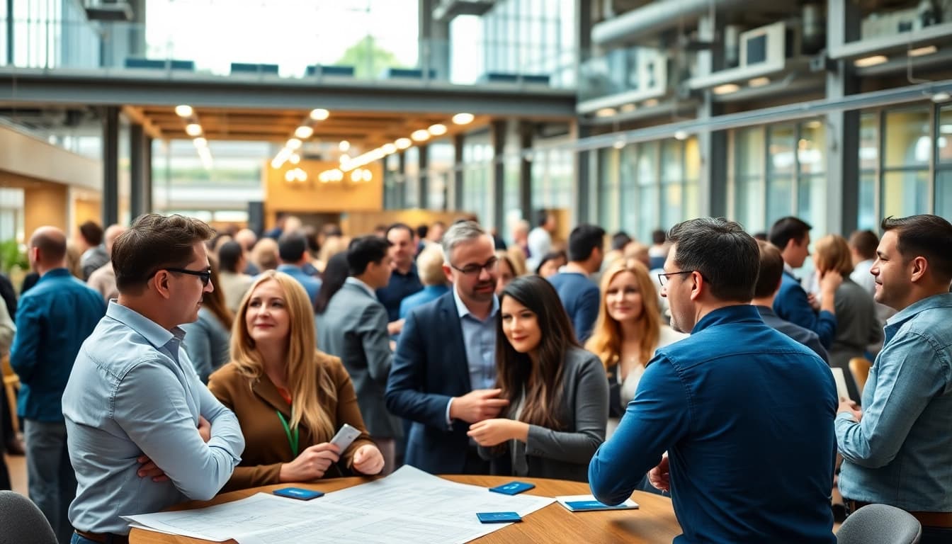 Engage in construction networking events with diverse professionals in a collaborative urban setting.