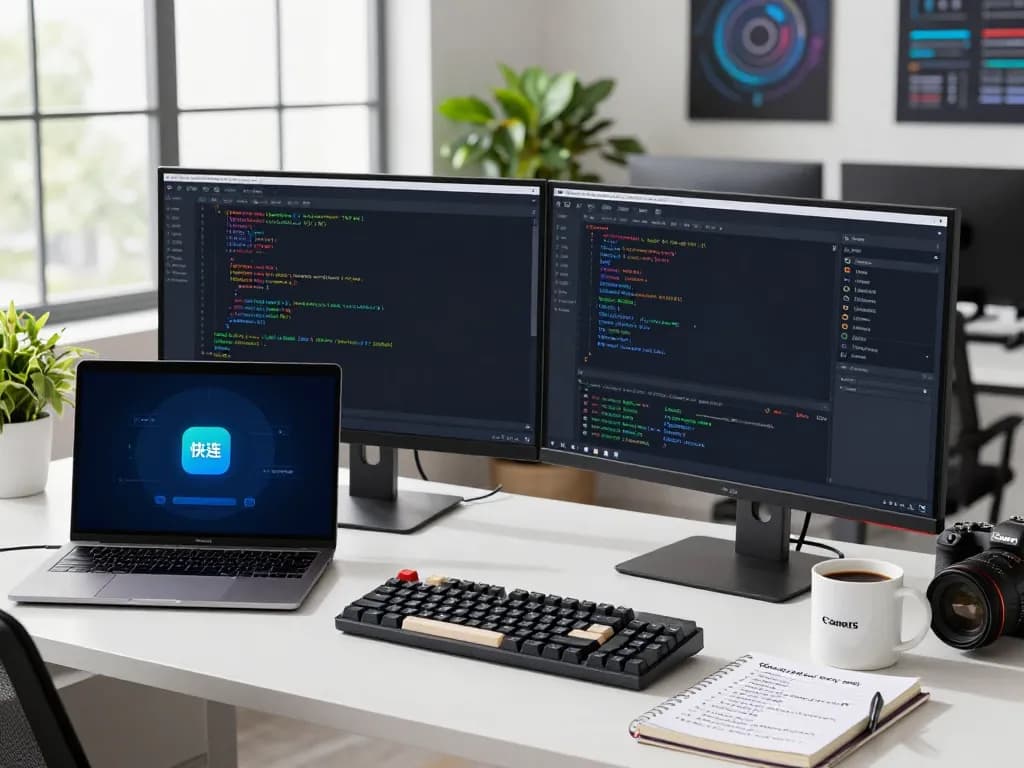 快连 network optimization in a modern software development workspace with a developer coding and dual monitors.