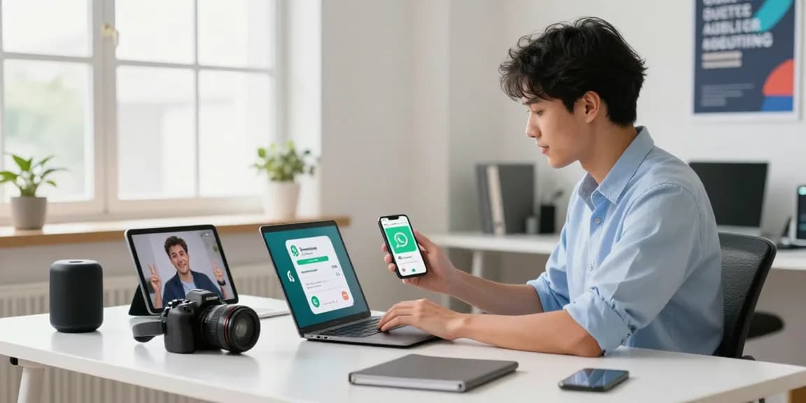 Downloading WhatsApp下載 on a smartphone in a modern tech workspace with gadgets and natural light.