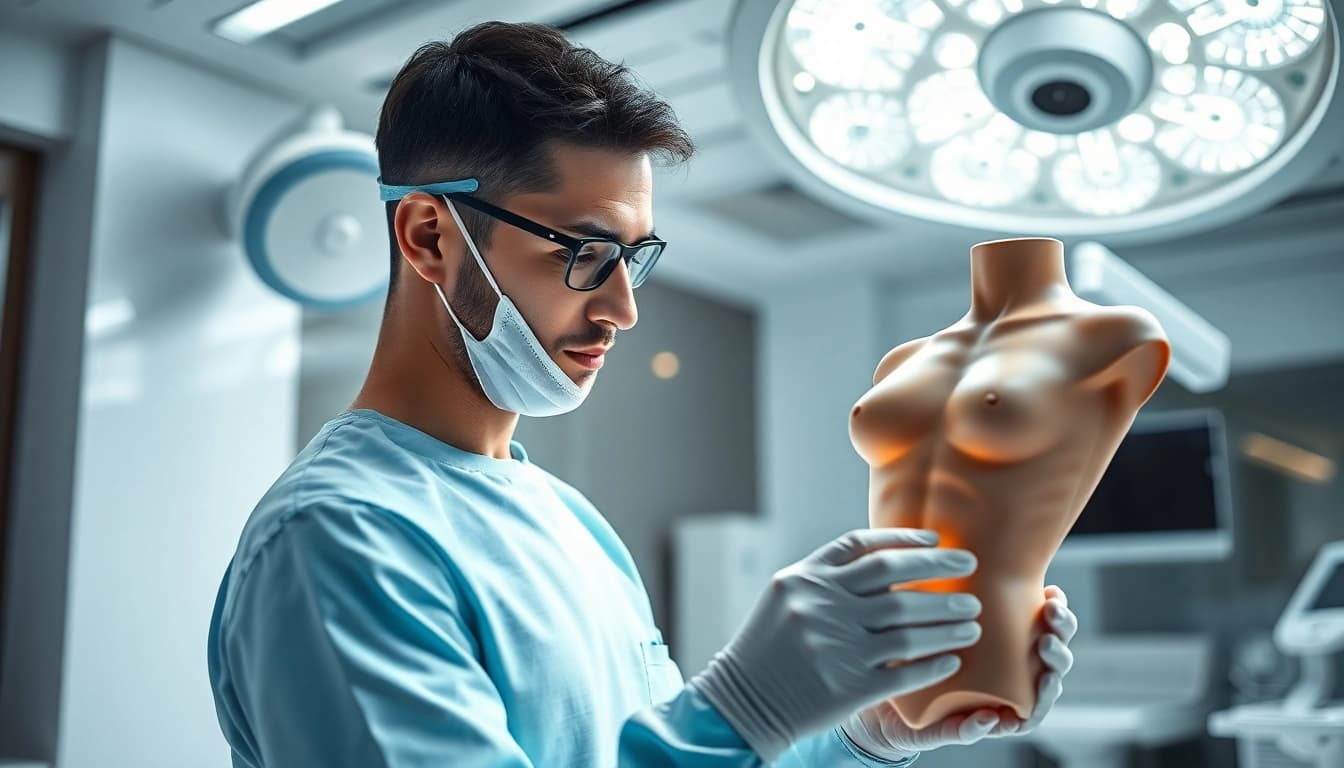 Erfahrene Fachkraft für plastische Chirurgie Hamburg, die ein Modell untersucht.
