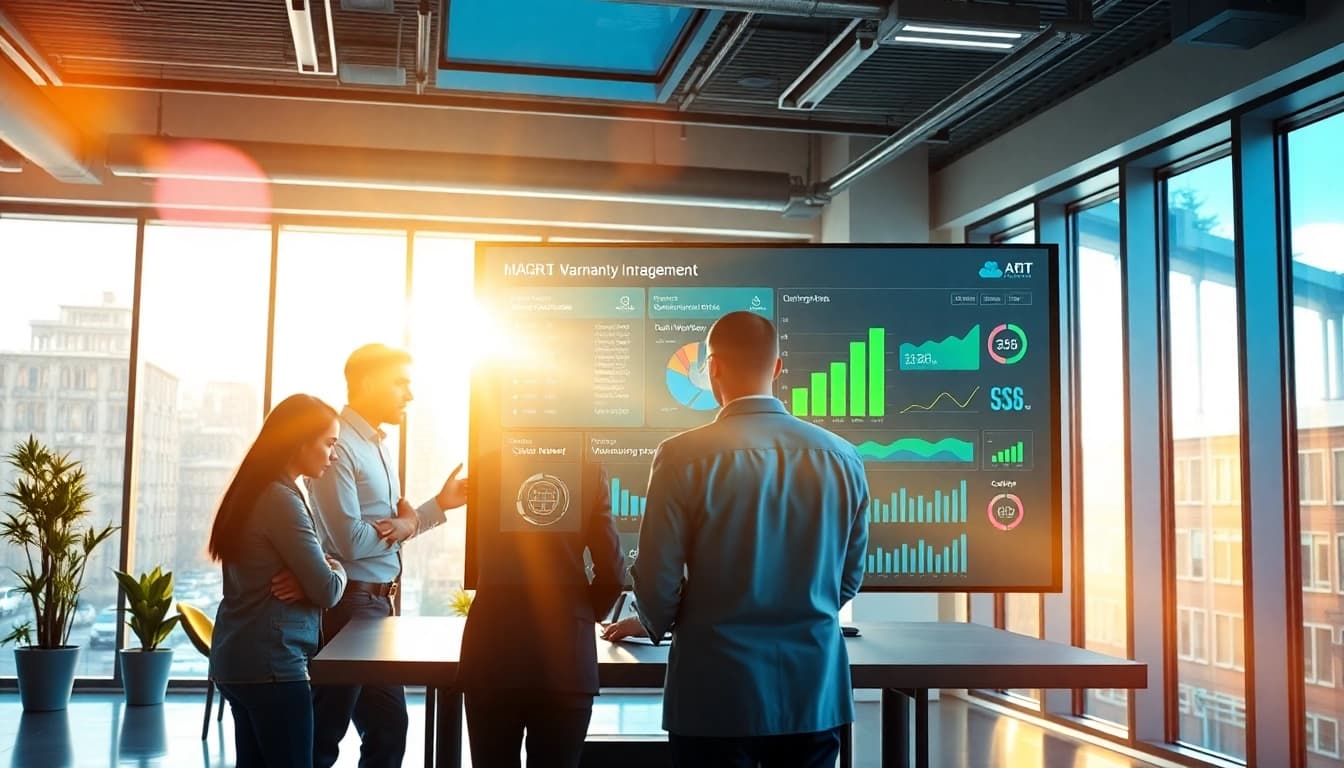 AI powered warranty company team collaborating around digital analytics interface.
