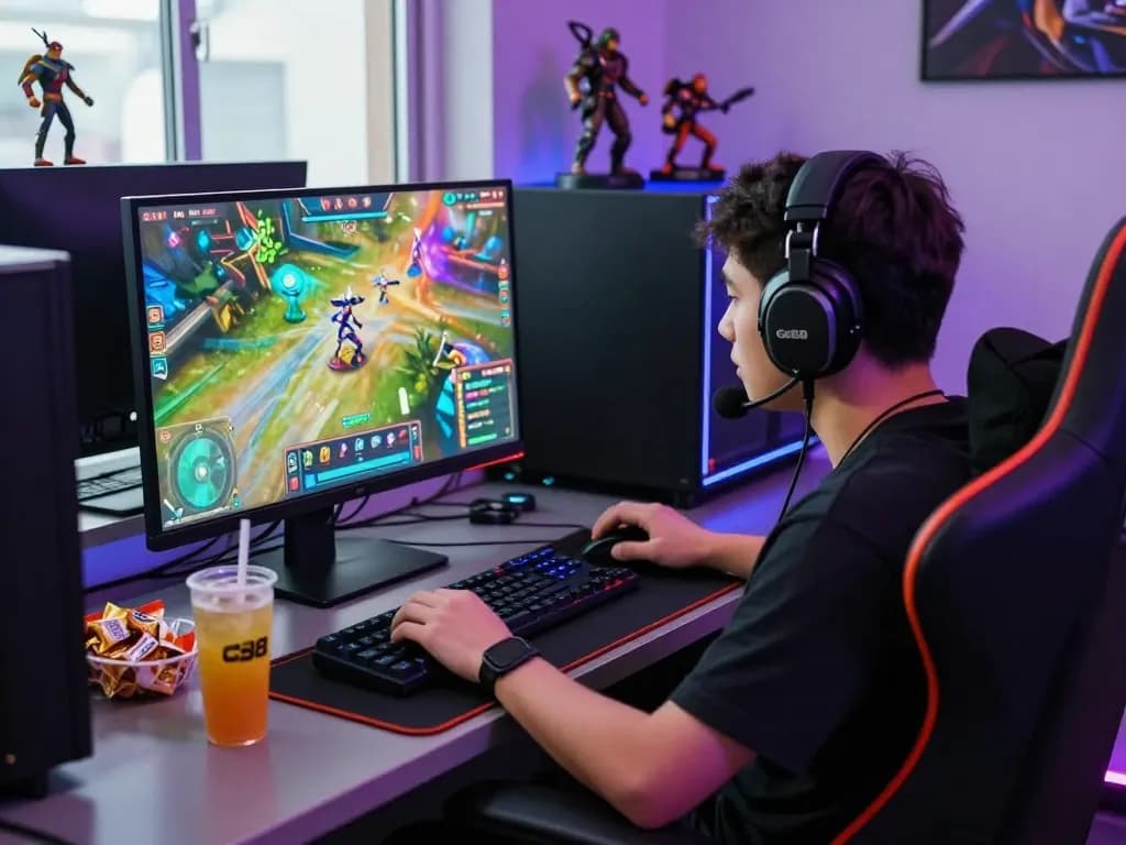Engaged player enjoying Go88 online gaming experience with vibrant visuals and snacks