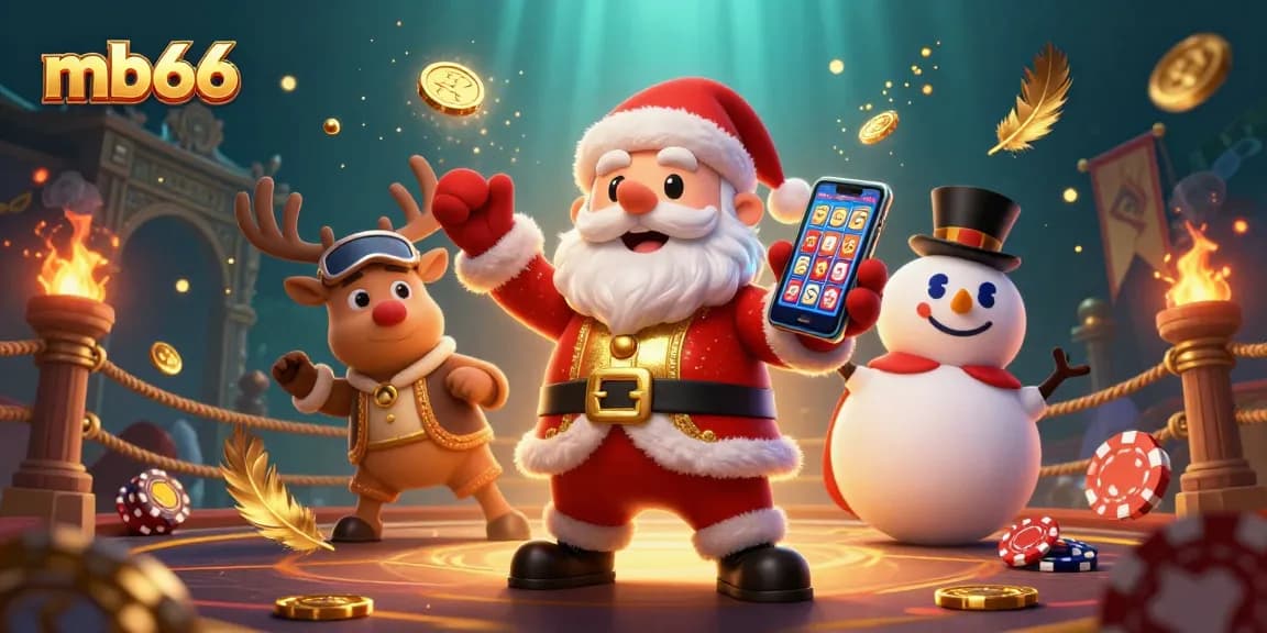 Spin the reels with mb66 in a vibrant casino scene featuring Santa Claus, a reindeer, and a snowman.
