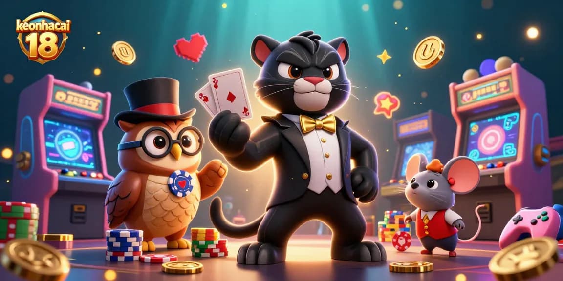 Engage in thrilling gameplay with keonhacai 18, where a stylish tuxedo panther deals cards amidst vibrant casino elements.