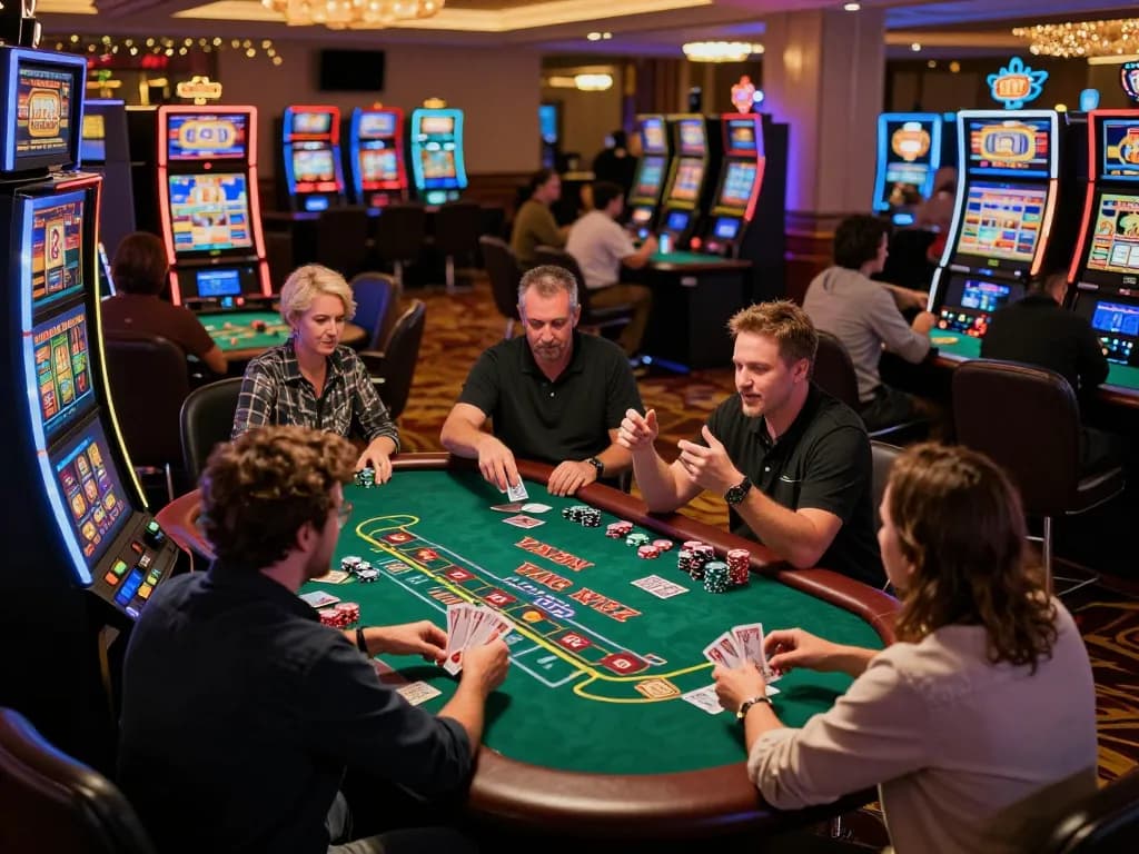 Players enjoying the thrill of situs slot gacor action on a lively casino floor, celebrating wins amidst vibrant slot machines.