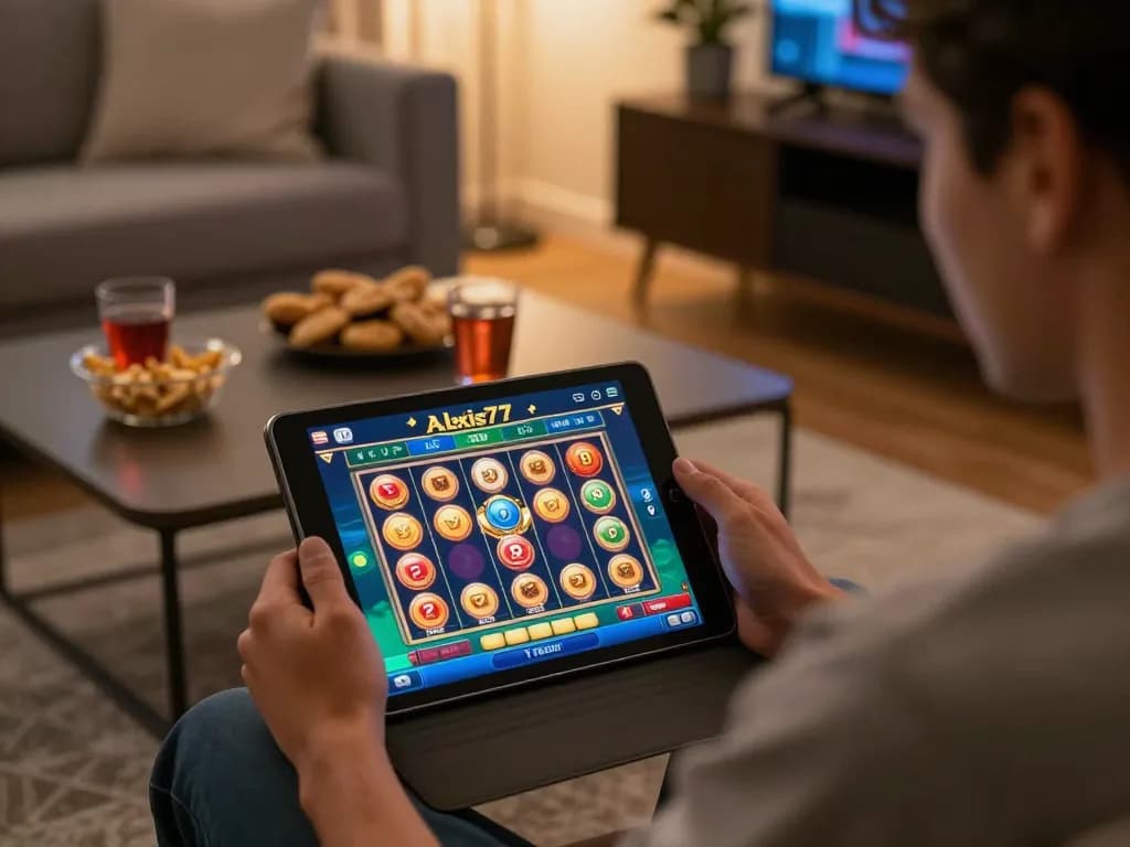 Player experiencing the vibrant alexis77 slots on a tablet in a cozy home setting.