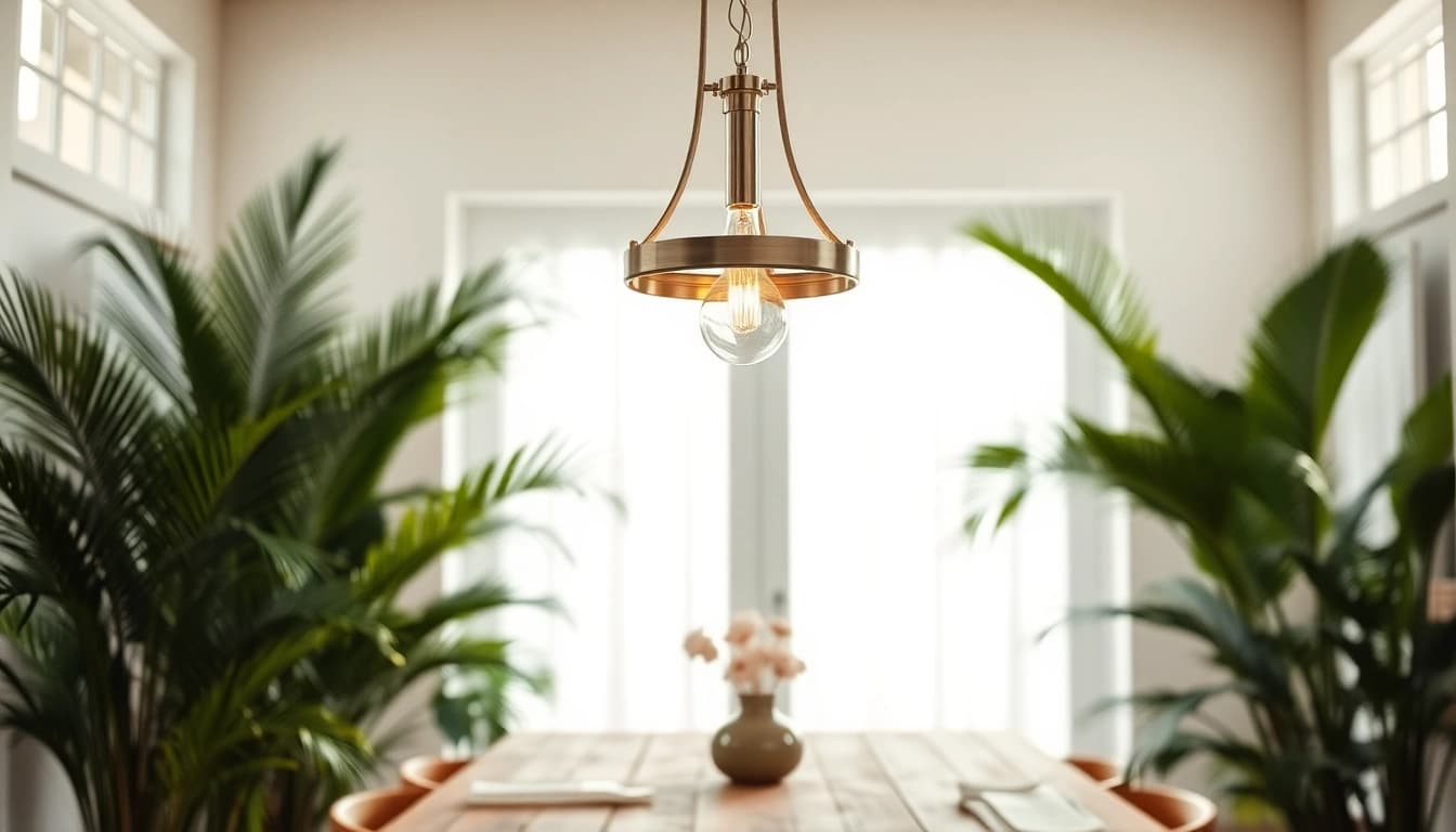 Decorative island light fixture illuminating a cozy dining space with rustic charm.