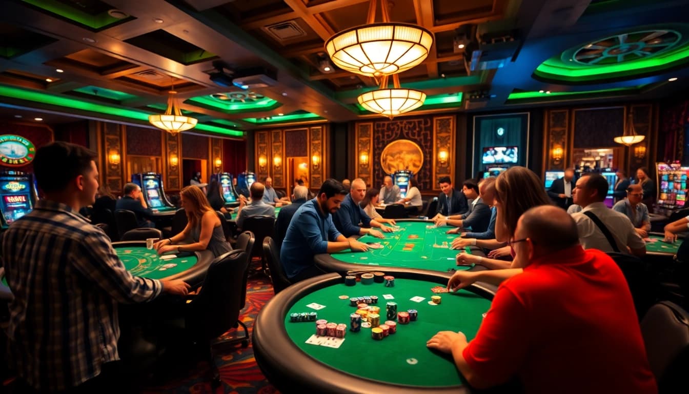 Spiele im casino-spiele de mit Spielern an eleganten Tischen und bunten Chips.