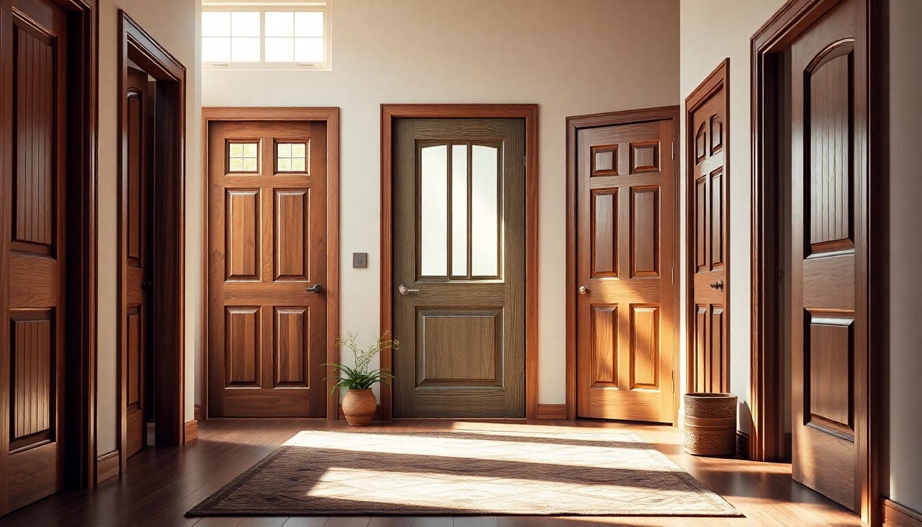 Showcase of different doors highlighting textures and designs in an inviting home environment.
