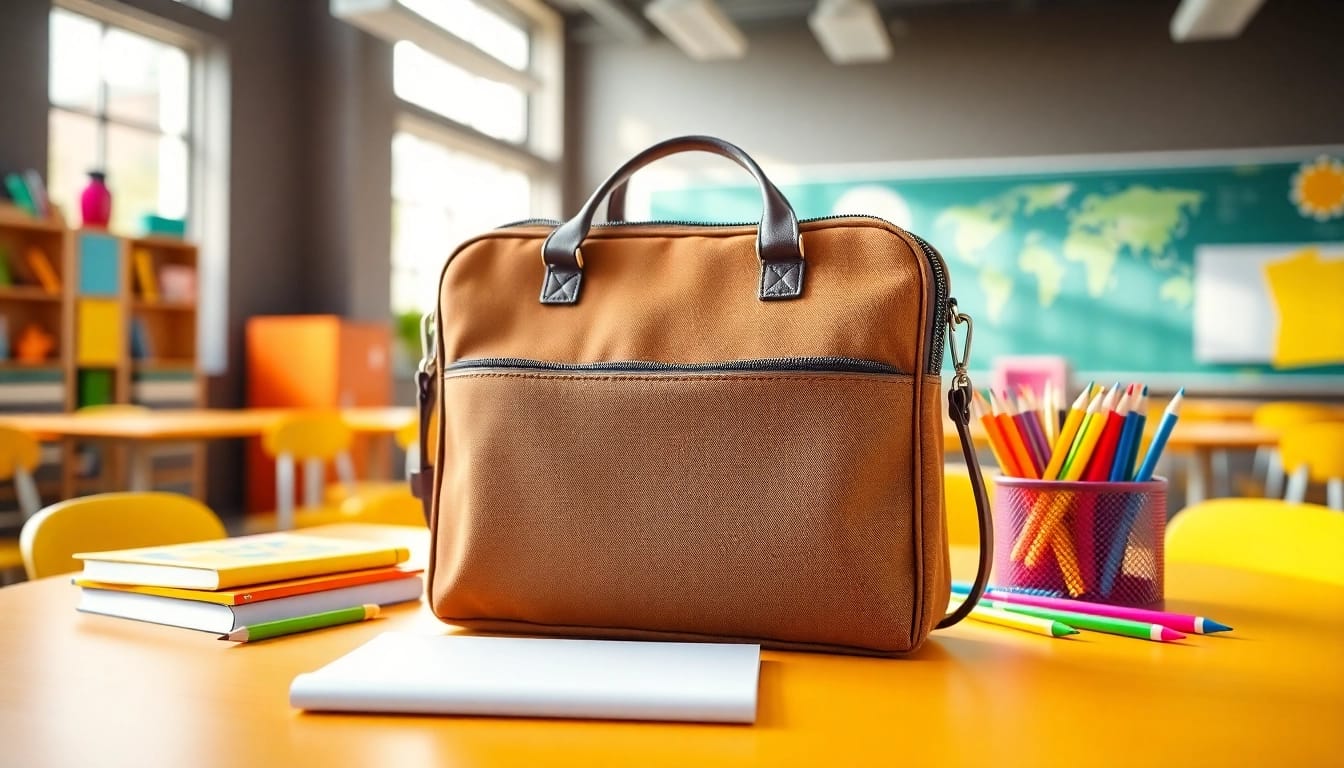 Die Handytasche Schule auf einem bunten Schreibtisch mit Schulmaterialien.