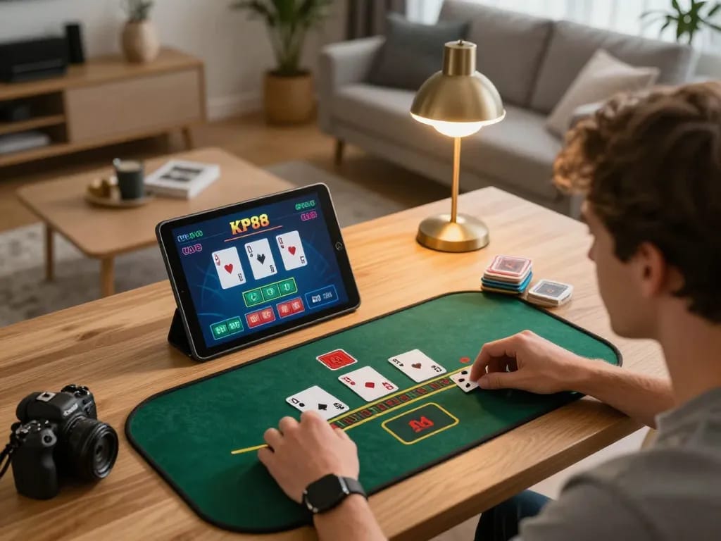 KP88 player enjoying live blackjack in cozy home setting, showcasing engaging online gaming experience.