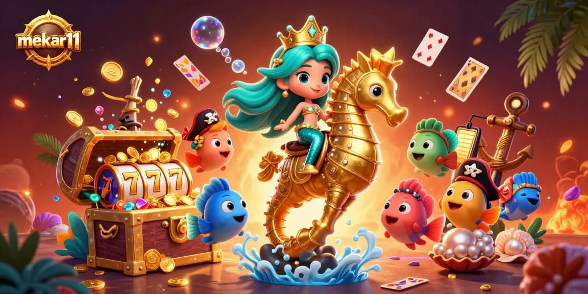 Spin the reels of mekar11's vibrant slot games surrounded by treasure and lively ocean characters.