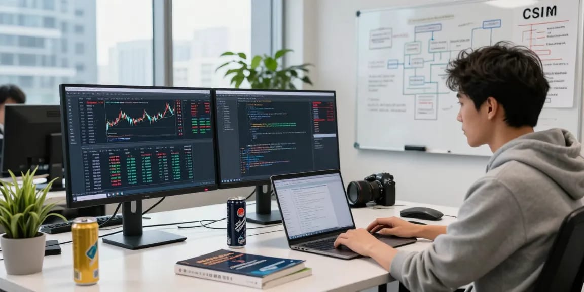德股WebSocket推送接口在现代金融技术办公场景中，开发者专注于双屏码代码。