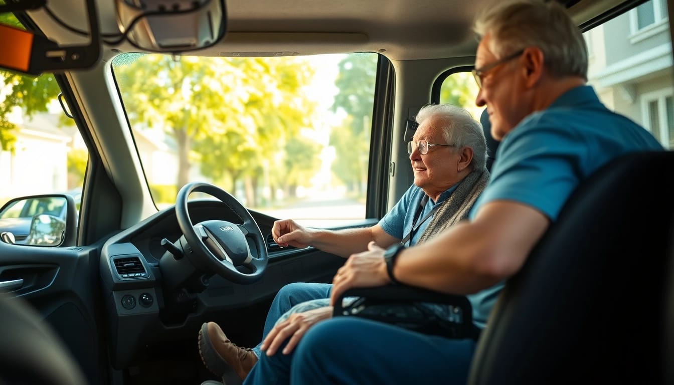 Elderly transportation services featuring a caring driver assisting a senior in a transport vehicle.