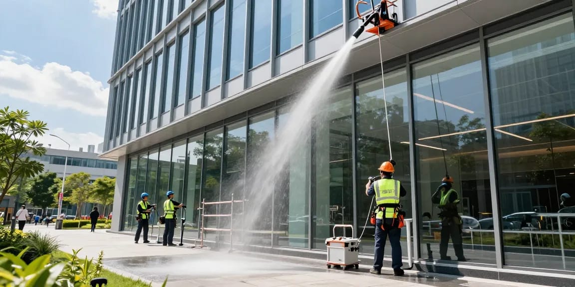 Professionelle Gebäudereinigungsfirma reinigt Fassaden in Dortmund mit hochwertigen umweltfreundlichen Lösungen.