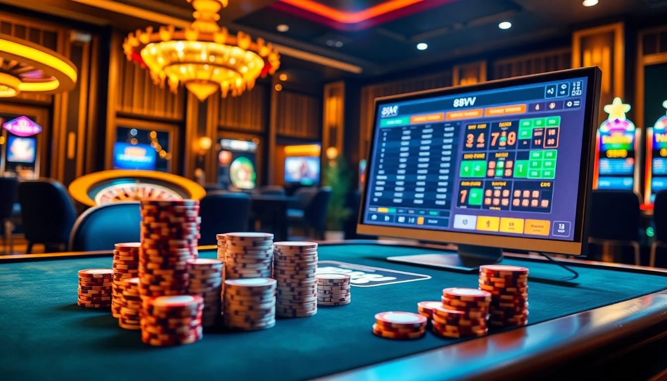 Experience the excitement of gambling at 88VV with luxurious poker tables and vibrant slot machines.