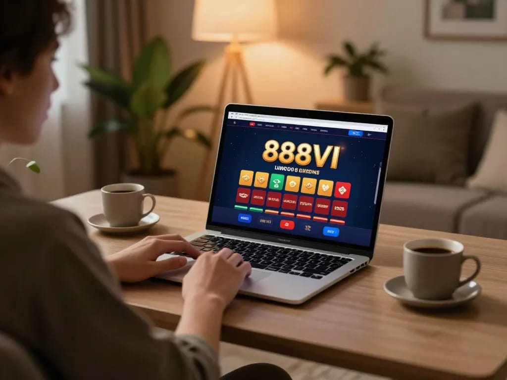 Engaged player enjoying the 888VI online casino on a laptop in a cozy, inviting home setting
