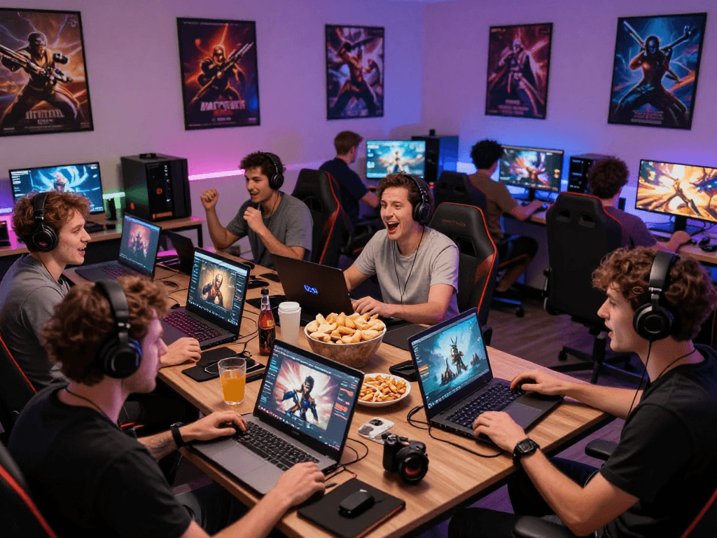 Exciting adult game players using multiple devices in a lively gaming lounge.