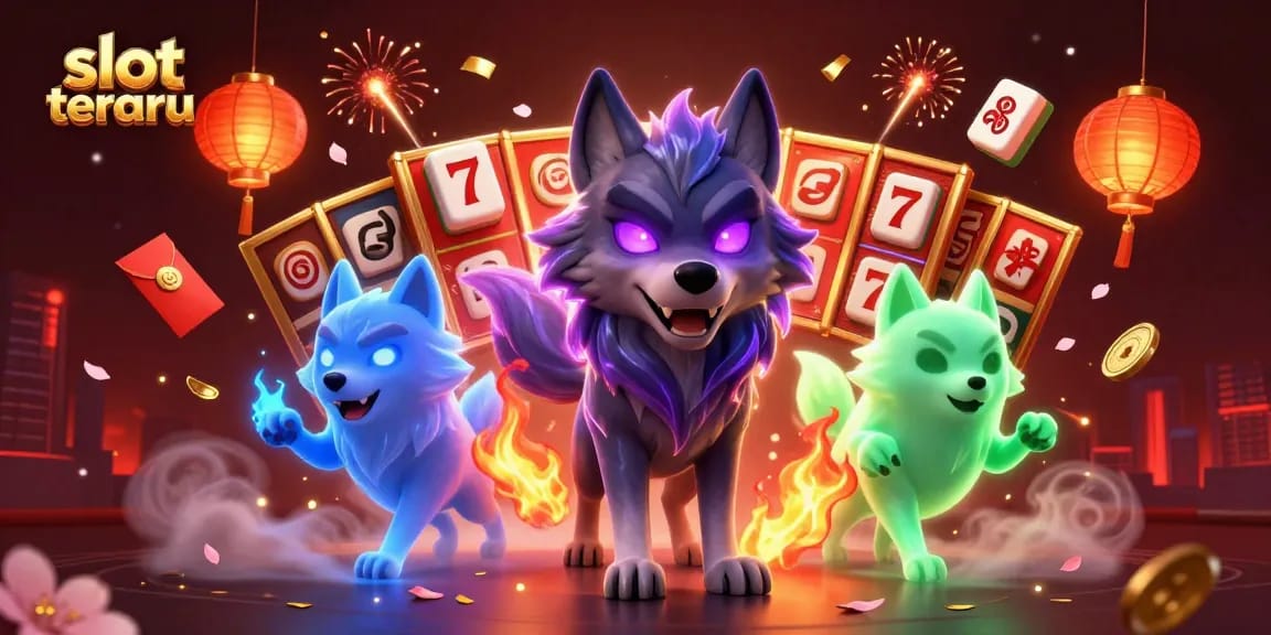 Experience the thrill with slot terbaru in this vibrant 3D casino illustration featuring energetic wolf characters.