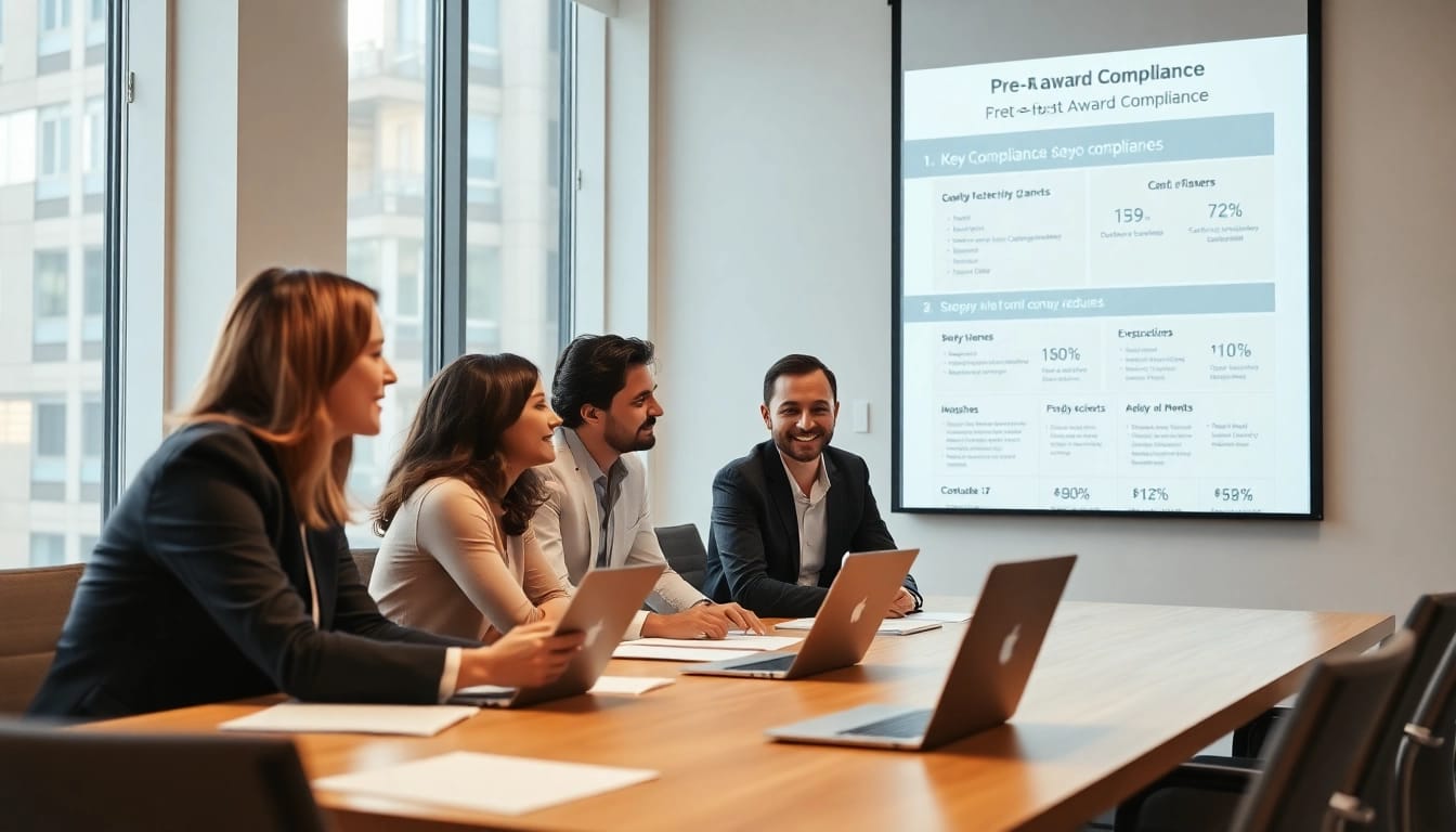 Discussing grants and pre-post award compliance with a collaborative team in a modern office.