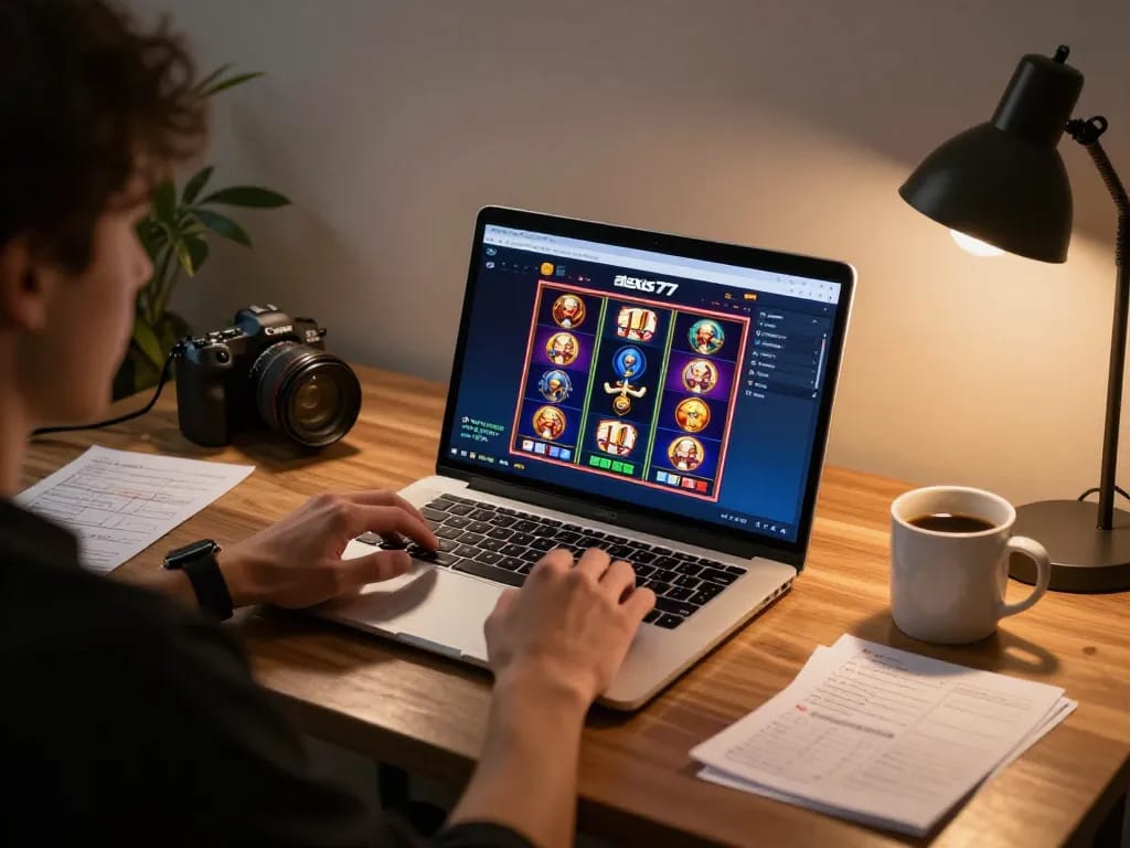 Playing the alexis77 slot game on a laptop in a cozy home setting, showcasing vibrant graphics and engaging gameplay.